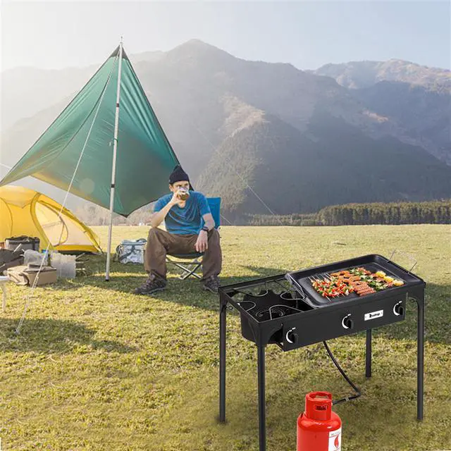Alt view image 7 of 7 - Outdoor Camp Stove High Pressure Propane Gas Cooker, Portable Cast Iron Patio Cooking Burner (Three Burner 225000-BTU)