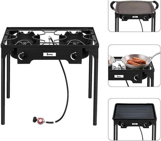 Alt view image 2 of 7 - Outdoor Camp Stove High Pressure Propane Gas Cooker, Portable Cast Iron Patio Cooking Burner (Double Burner 150000-BTU)