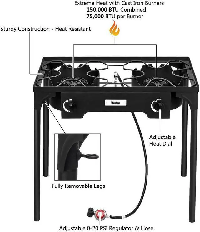 Alt view image 4 of 7 - Outdoor Camp Stove High Pressure Propane Gas Cooker, Portable Cast Iron Patio Cooking Burner (Double Burner 150000-BTU)