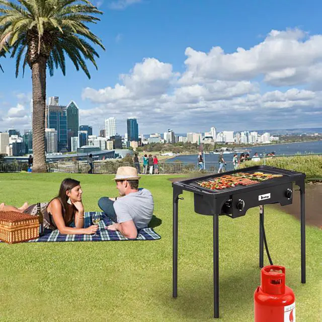 Alt view image 7 of 7 - Outdoor Camp Stove High Pressure Propane Gas Cooker, Portable Cast Iron Patio Cooking Burner (Double Burner 150000-BTU)