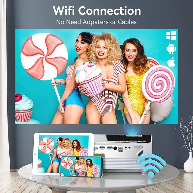 Alt view image 5 of 7 - Native 1080P WiFi Bluetooth Projector, Upgraded 8500L HD Video Projector with Carrying Bag, Support 4K & 300 Display, silver(Q6)