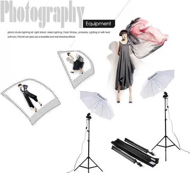 Alt view image 7 of 7 - Spiral Shape 45W Three Lights 33" White Umbrellas 33" Silver Black Umbrellas Three Holders