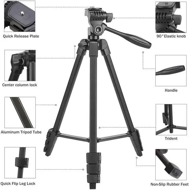 Alt view image 2 of 6 - Portable Tripod with Phone Clip and Bluetooth Remote Black (T90)