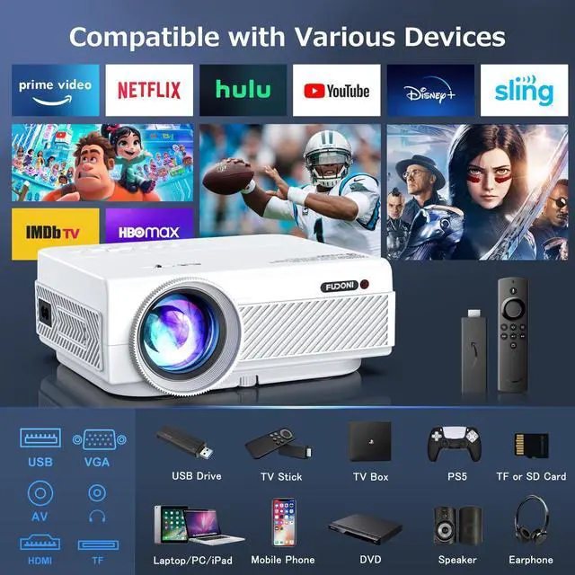 Alt view image 5 of 5 - Projector with WiFi Bluetooth,FUDONI 5G WiFi Native 1080P Outdoor Projector 15000L Support 4K,Portable Movie Projector with Max 300",for iOS/Android/Laptop/TV Stick/HDMI/USB/VGA/TF