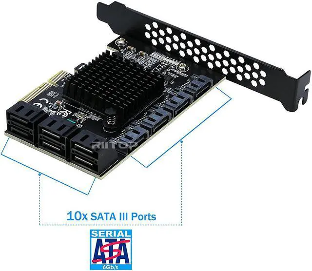 Alt view image 3 of 7 - PCIe x4 SATA Card, 10 Port SATA 6Gbps Controller Expansion Card with Low Profile Bracket, Support 10 SATA 3.0 Devices