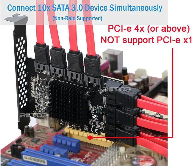Alt view image 2 of 7 - PCIe x4 SATA Card, 10 Port SATA 6Gbps Controller Expansion Card with Low Profile Bracket, Support 10 SATA 3.0 Devices