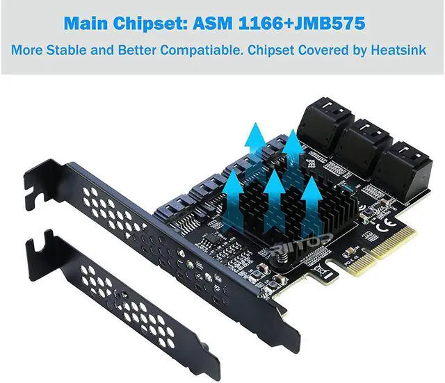 Alt view image 5 of 7 - PCIe x4 SATA Card, 10 Port SATA 6Gbps Controller Expansion Card with Low Profile Bracket, Support 10 SATA 3.0 Devices