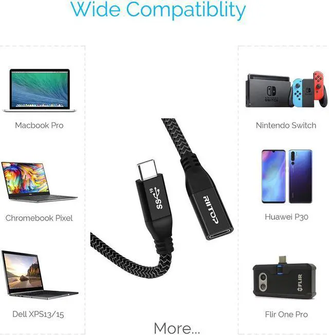 Alt view image 5 of 7 - USB Type C Extension Cable (2Ft/0.6m), RIITOP USB 3.1 Gen2 10gbps Type C Male to Female Extension PD Fast Charging & Sync for iPad Mini 2021, M1 MacBook Pro Air iPad Pro Dell XPS Surface Book and More
