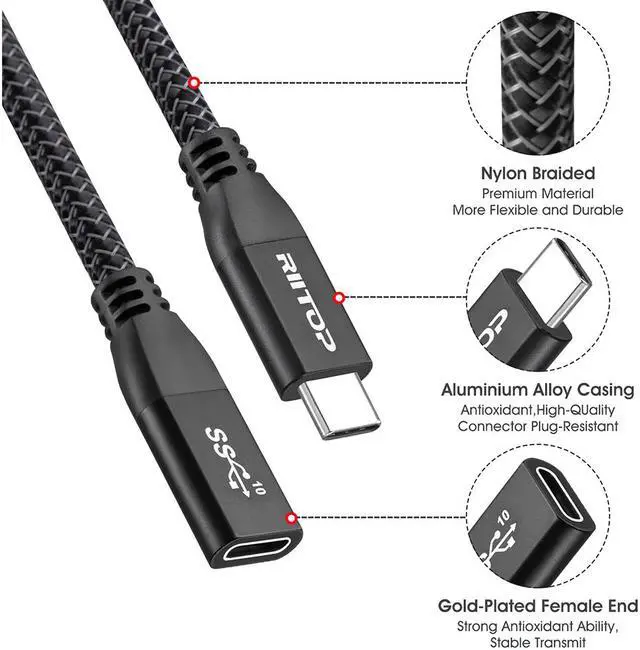Alt view image 6 of 7 - USB Type C Extension Cable (2Ft/0.6m), RIITOP USB 3.1 Gen2 10gbps Type C Male to Female Extension PD Fast Charging & Sync for iPad Mini 2021, M1 MacBook Pro Air iPad Pro Dell XPS Surface Book and More