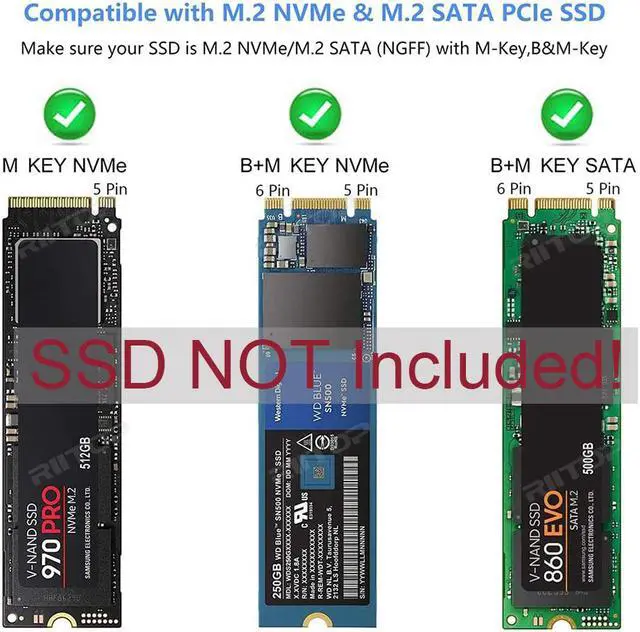 Alt view image 2 of 5 - M.2 to USB Adapter, RIITOP M.2 NVME SATA SSD to USB3.1 Gen2 10Gbps, USB to NVME PCIe SSD Reader M Key & B+M Key Max 4TB Support UASP for 2280 2260 2242 2230 SSD Enclosure