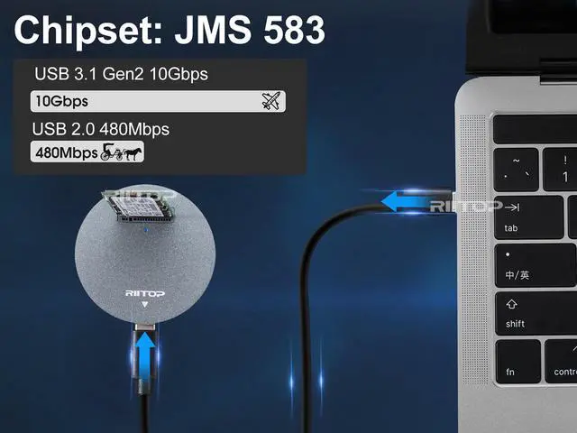 Alt view image 3 of 6 - M.2 NVME to USB C Docking Station, RIITOP M.2 PCIe NVMe SSD to USB-C Reader Converter Adapter Portable External SSD Enclosure for M.2 (M Key) NVMe SSD, Compatible with Thunderbolt 4/3