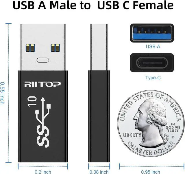 Alt view image 5 of 6 - Double Sides 10Gbps RIITOP USB 3.1 Gen 2 A Male to Type-C Female Adapter,10Gbps Data Transfer, USB A to USB C 3.1 Converter for PC, Laptop, Charger, Power Bank, Quest Link VR - 2Pack
