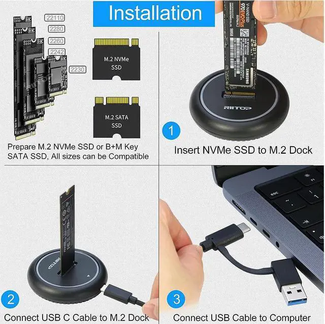 Alt view image 5 of 5 - M.2 NVMe SSD Enclosure USB Adapter Reader, RIITOP USB3.2 Gen2 Type C to M.2 NVMe SSD Dock for Both NVMe and (B+M Key SATA) SSD, Support Size 2230/2242/2260/2280/22110