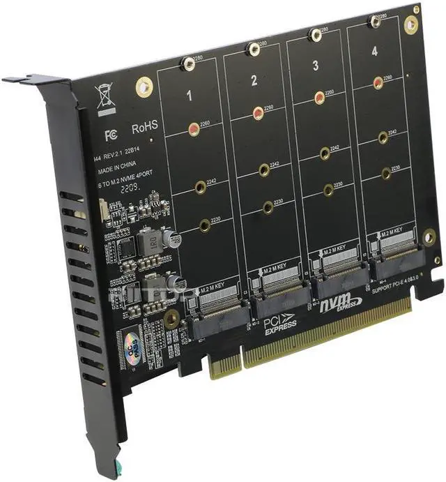 Alt view image 6 of 7 - Quad NVMe to PCIe Expansion Adapter Card (PCIe Bifurcation Motherboard is Required), Support 4x M Key M.2 NVMe SSD