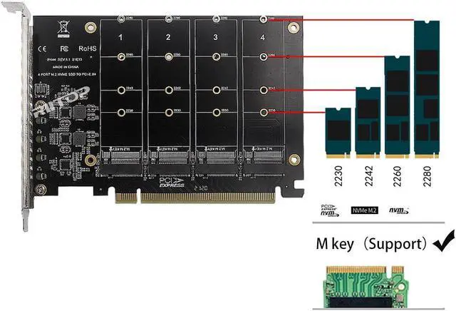 Alt view image 7 of 7 - Quad NVMe to PCIe Expansion Adapter Card (PCIe Bifurcation Motherboard is Required), Support 4x M Key M.2 NVMe SSD