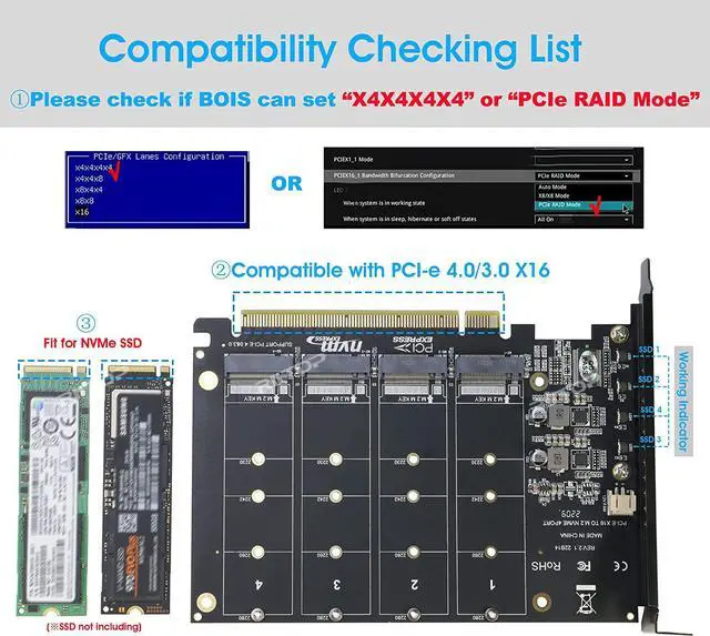 Alt view image 3 of 7 - Quad NVMe to PCIe Expansion Adapter Card (PCIe Bifurcation Motherboard is Required), Support 4x M Key M.2 NVMe SSD