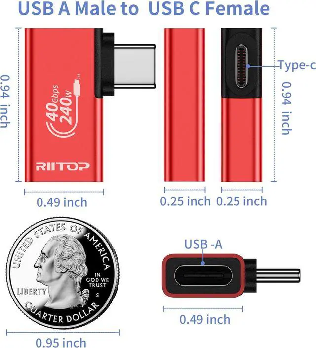 Alt view image 7 of 7 - RIITOP 240W 90 Degree USB C Adapter, Right Angle USB C Male to USB C Femal Adapter, 40Gbps PD 240W USB4 Adapter for Thunderbolt 4,MacBook,Tablet,Docks,ROG Ally,Steam Deck