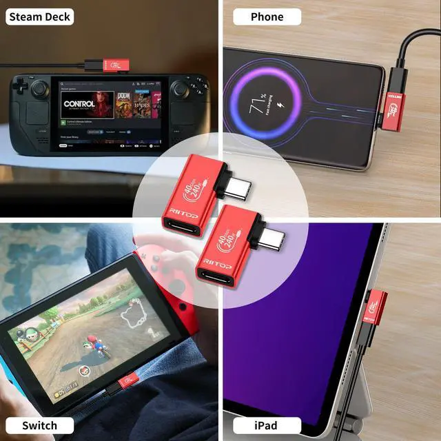 Alt view image 2 of 7 - USB C 4 Right Angle Extension Adapter, [2 Pack] RIITOP 90 Degree 240W 40Gbps USB4 Thunderbolt 4/3 Male to Female Extender, 8K@60Hz Type C 4.0 PD Extended Converter,for MacBook,Steam Deck,Switch,etc