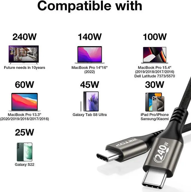 Alt view image 2 of 7 - RIITOP USB C to USB C Cable (6.6ft 240W), USB 2.0 Type C PD Charging Cable for iPhone 15/15Pro,MacBook Pro 2020, iPad Pro 2020, iPad Air 4, Samsung Galaxy S23+/S23 Ultra/S22 Ultra