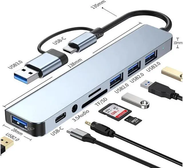 Main image of RIITOP USB C HUB Docking Station for Dell/HP/Lenovo/Surface Laptop, 8 in 1 USB C Hub Adapter w/5Gbps USB3.0+3*USB2.0+USB C Data+SD/TF+Audio [SD/TF can NOT work simultaneously]