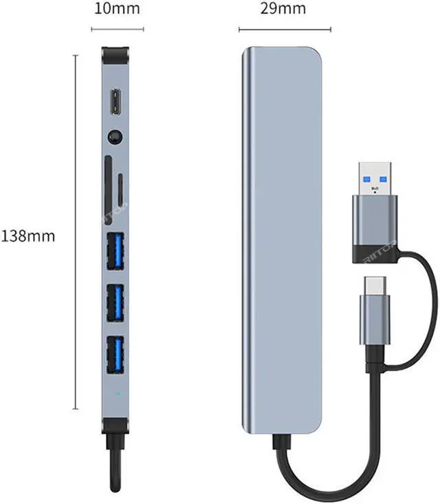 Alt view image 5 of 5 - RIITOP USB C HUB Docking Station for Dell/HP/Lenovo/Surface Laptop, 8 in 1 USB C Hub Adapter w/5Gbps USB3.0+3*USB2.0+USB C Data+SD/TF+Audio [SD/TF can NOT work simultaneously]