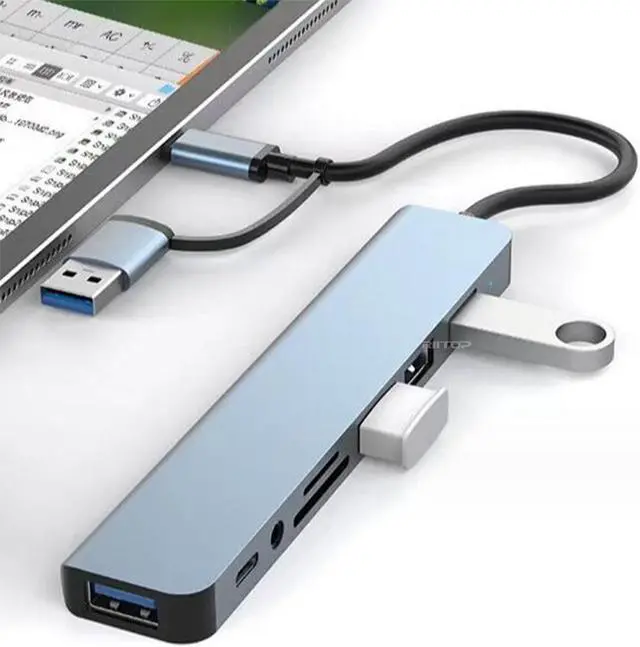 Alt view image 2 of 5 - RIITOP USB C HUB Docking Station for Dell/HP/Lenovo/Surface Laptop, 8 in 1 USB C Hub Adapter w/5Gbps USB3.0+3*USB2.0+USB C Data+SD/TF+Audio [SD/TF can NOT work simultaneously]