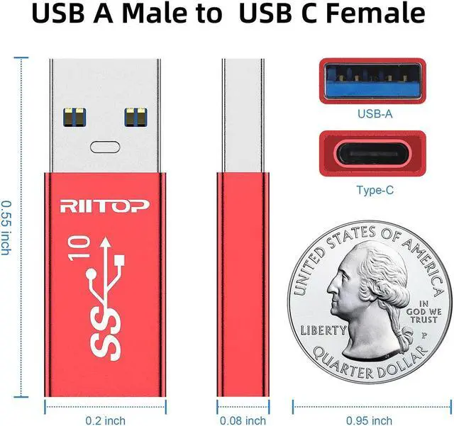Alt view image 5 of 6 - 10Gbps USB to USB C Adapter (2-Pack), RIITOP USB C Female to USB A Male Adaptor Charger Cable Converter, double side 10Gbps