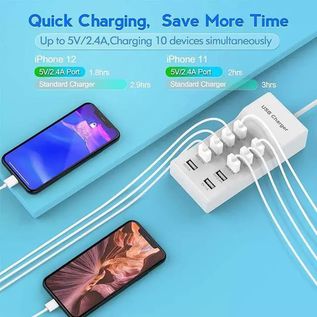 Alt view image 4 of 7 - USB Charger USB Wall Charger with Rapid Charging Auto Detect Technology Safety Guaranteed 10-Port Family-Sized Smart USB Ports for Multiple Devices Smart Phone Tablet Laptop Computer