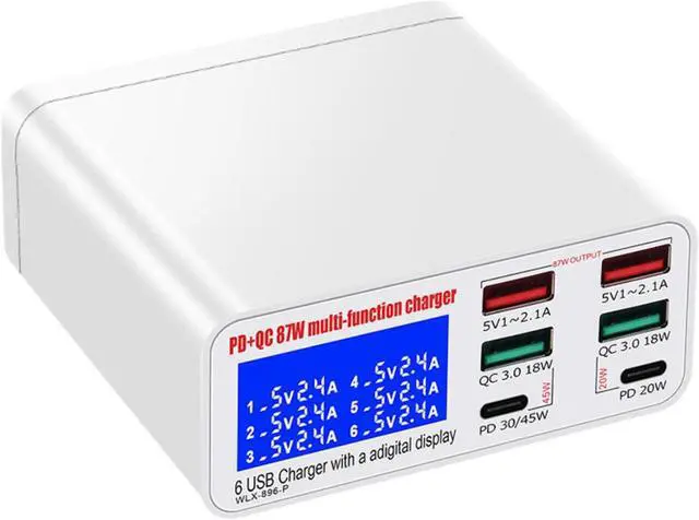 Main image of RIITOP 87W 6 Port USB Charging Station, PowerPort 6 Multi USB Wall Charger with Digital Current Display+PD45W+QC3.0 for iPhone,iPad Pro/Air,Samsung,LG, Nexus, Nokia, Lumina, HTC, Pixel and More