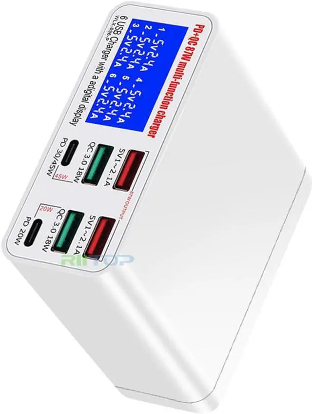 Alt view image 7 of 7 - RIITOP 87W 6 Port USB Charging Station, PowerPort 6 Multi USB Wall Charger with Digital Current Display+PD45W+QC3.0 for iPhone,iPad Pro/Air,Samsung,LG, Nexus, Nokia, Lumina, HTC, Pixel and More