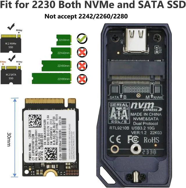Alt view image 2 of 6 - M.2 2230 Enclsoure 10Gbps, RIITOP Small M.2 NVMe to USB-C Reader with Aluminum Case for Both (M Key) NVMe and (B+M Key) SATA SSD only in Size 22x30mm