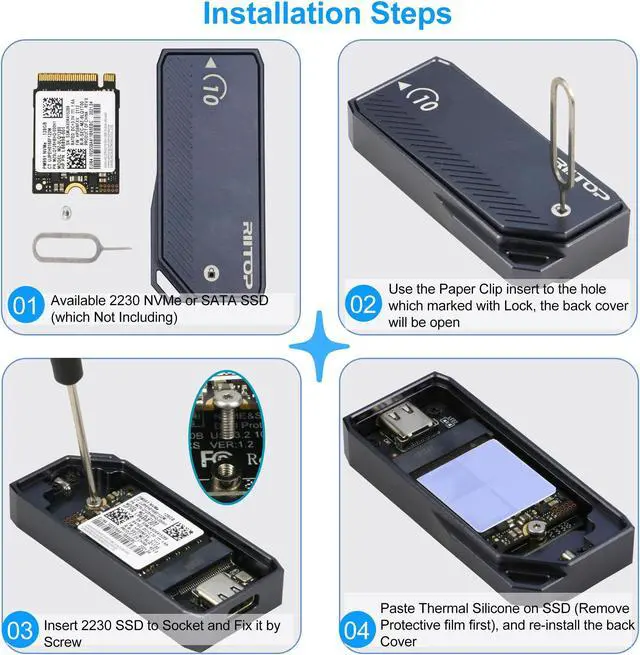 Alt view image 5 of 6 - M.2 2230 Enclsoure 10Gbps, RIITOP Small M.2 NVMe to USB-C Reader with Aluminum Case for Both (M Key) NVMe and (B+M Key) SATA SSD only in Size 22x30mm