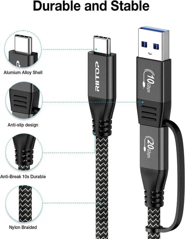 Alt view image 4 of 7 - RIITOP USB 3.2 C to C Cable [20Gbps, 3.3ft], Braided 2IN1 USB 3.2 Gen2 Type-C Cable with C-A Adapter Support 4K 60Hz Video Output, PD 100W
