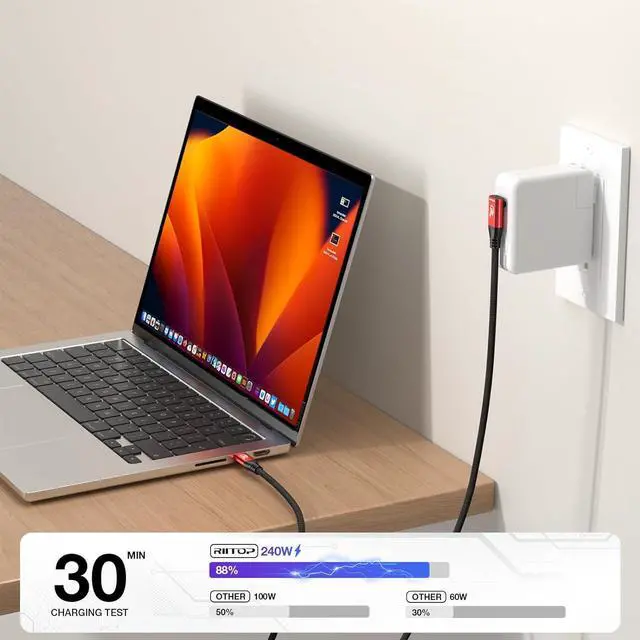 Alt view image 6 of 7 - RIITOP 240W USB4 Cable Right Angled, USB C to USB C Cable Fast Charging Compatible Thunderbolt 4/3 Cable, Support 8K/6K@60Hz & 40Gbps Data Transfer for MacBook Pro/Air Samsung S22 eGPU Docking 3.3FT