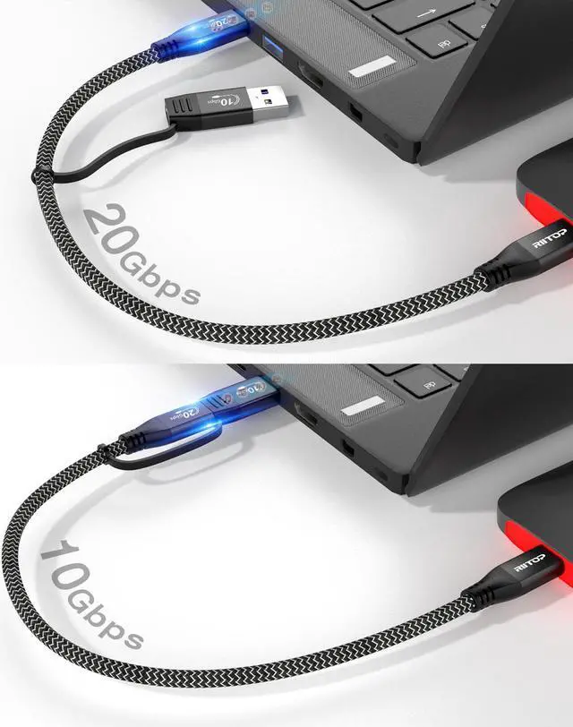 Alt view image 7 of 7 - RIITOP USB 3.2 C to C Cable [20Gbps, 3.3ft], Braided 2IN1 USB 3.2 Gen2 Type-C Cable with C-A Adapter Support 4K 60Hz Video Output, PD 100W