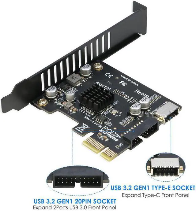 Alt view image 2 of 7 - PCI-E 1X to USB 3.2 GEN1 5Gbps 20pin Front Panel Header (to Type-c Front Panel Header) + USB 3.0 19Pin Socket Expansion Card,Type-E Internal 20-pin Front Panel Connector Riser Card