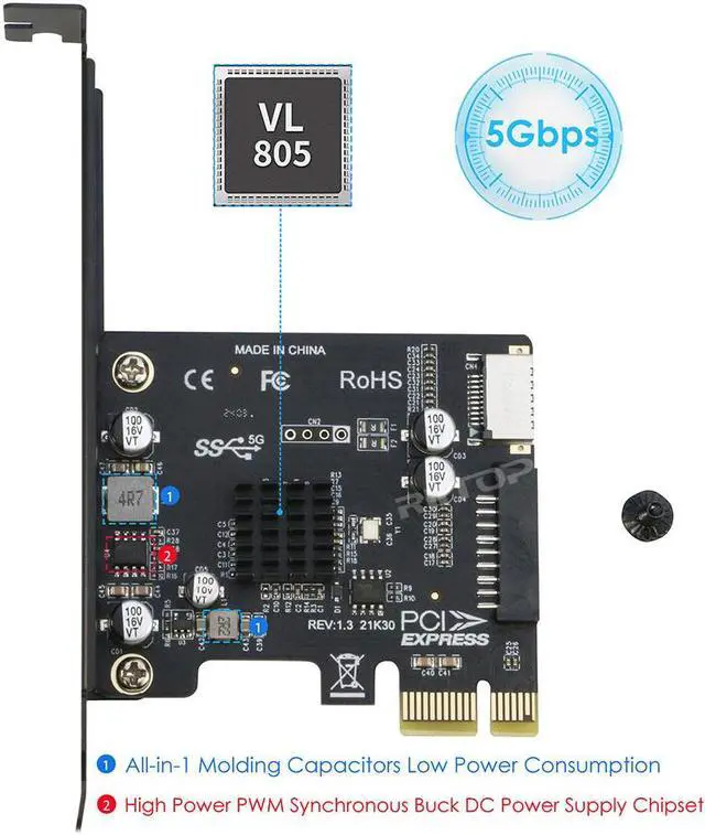 Alt view image 7 of 7 - PCI-E 1X to USB 3.2 GEN1 5Gbps 20pin Front Panel Header (to Type-c Front Panel Header) + USB 3.0 19Pin Socket Expansion Card,Type-E Internal 20-pin Front Panel Connector Riser Card
