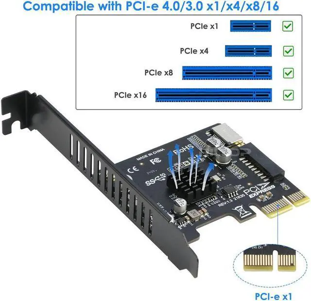 Alt view image 5 of 7 - PCI-E 1X to USB 3.2 GEN1 5Gbps 20pin Front Panel Header (to Type-c Front Panel Header) + USB 3.0 19Pin Socket Expansion Card,Type-E Internal 20-pin Front Panel Connector Riser Card