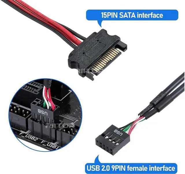 Alt view image 4 of 6 - 9Pin USB Header Splitter with SATA Power Cable, 4 Internal USB 2.0 Ports, Internal USB Hub Extension USB 2.0 Splitter Connector for Motherboard, Adapter for CPU, WiFi Receiver, Fans, and RGB Light