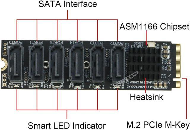 Alt view image 2 of 6 - RIITOP M.2 PCIe M Key to SATA 6G Adapter Card 6 Ports, NVMe to 6x SATA 6Gbps Expansion Adapter Card for Desktop PC Computer, ASM1166 6Gbps with Smart Indicator, Support Soft Raid