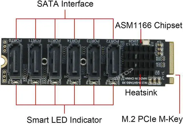 Alt view image 2 of 6 - NVMe M.2 to 6 Sata Adapter Card, Internal 6 Port SATA III 6GB/s M.2 M-Key NVMe to SATA Adapter for Desktop PC Support PM for SSD and HDD