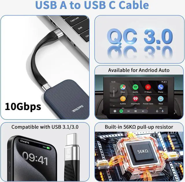 Alt view image 2 of 7 - Short USB C Cable 10Gbps, RIITOP USB-C 3.2 Gen 2 to USB-A Android Auto Cable, 60W USB A to C Fast Charging Cable Type C for USB C External SSD MacBook Pro iPad S21 5.5inch