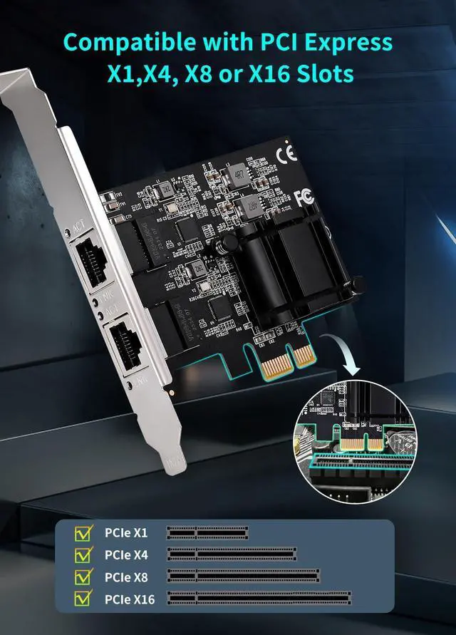 Alt view image 2 of 7 - 2.5Gb PCIe Network Adapter Card Dual Port RJ45 2500/1000/100Mbps, PCIe to 2.5Gb 2Port Gigabit Ethernet Network Adapter for Gaming/Office, Support Windows11/10/8/7, Windows Server 2022/2019/2016, Linux