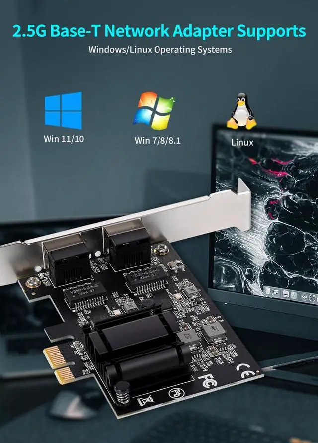 Alt view image 4 of 7 - 2.5Gb PCIe Network Adapter Card Dual Port RJ45 2500/1000/100Mbps, PCIe to 2.5Gb 2Port Gigabit Ethernet Network Adapter for Gaming/Office, Support Windows11/10/8/7, Windows Server 2022/2019/2016, Linux