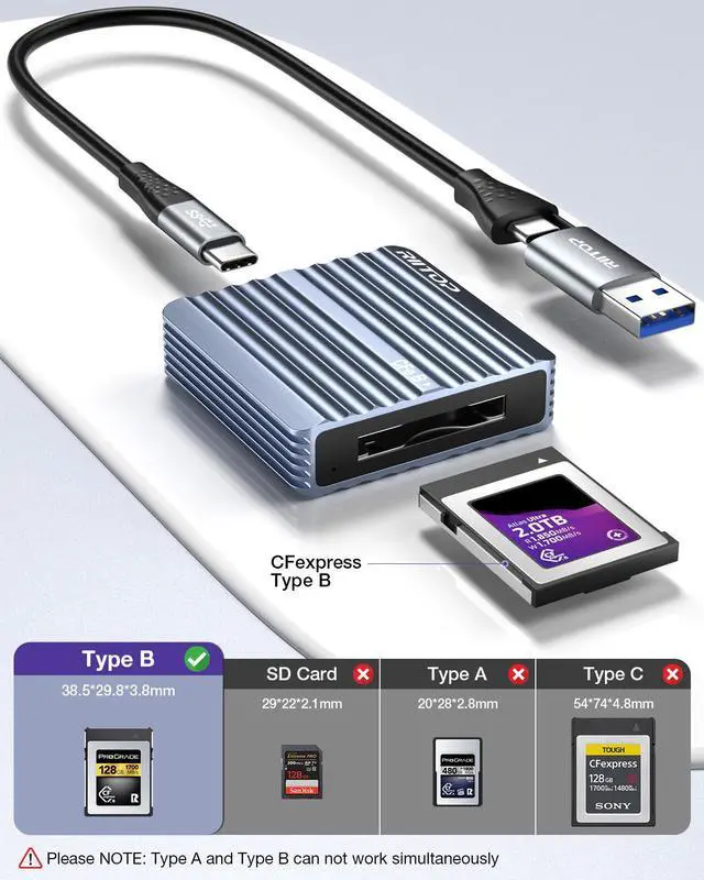 Alt view image 4 of 7 - CFexpress Type B Card Reader with USB 3.2 (Gen 2) 10Gbps, RIITOP USB-C&USB-A 2-in-1 Type B CFexpress Adapter, Compatible with Windows/Mac/Linux/Android(Not for XQD Card)