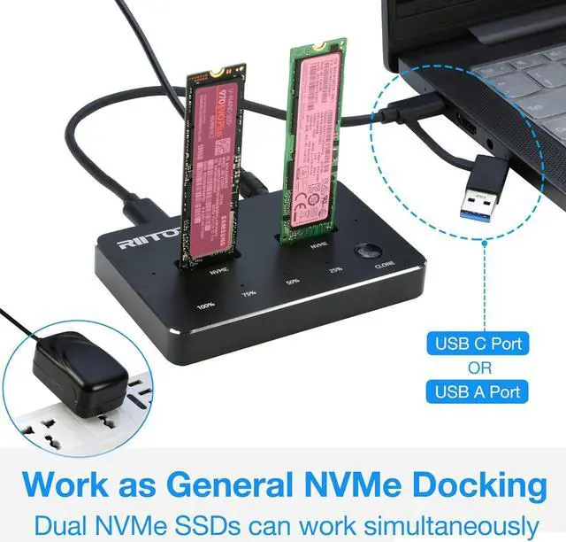 Alt view image 4 of 7 - RIITOP M.2 NVMe Duplicator, Dual-Bay Offline Clone NVME SSD Cloner Docking Station, USB3.2 Gen2 10Gbps USB-C M.2 Cloner for SSD Size 2230/2242/2260/2280/22110 mm