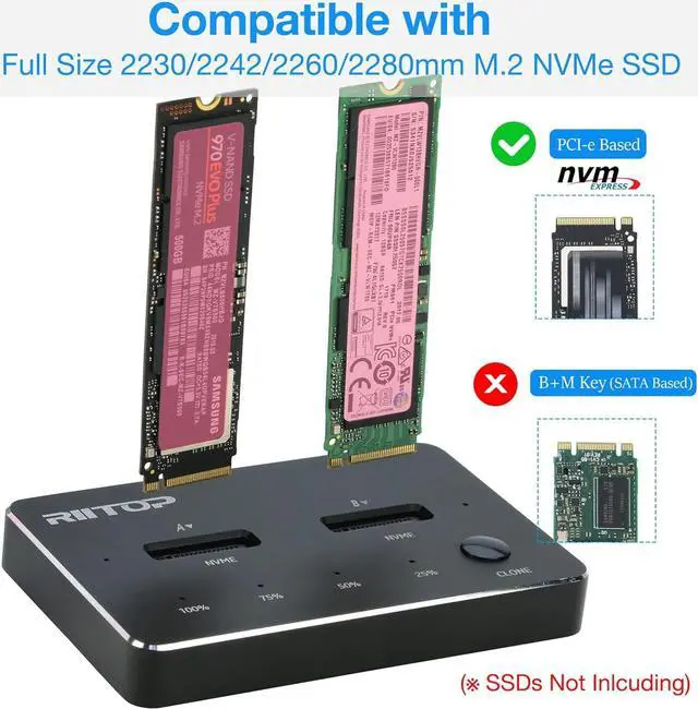 Alt view image 2 of 7 - RIITOP M.2 NVMe Duplicator, Dual-Bay Offline Clone NVME SSD Cloner Docking Station, USB3.2 Gen2 10Gbps USB-C M.2 Cloner for SSD Size 2230/2242/2260/2280/22110 mm