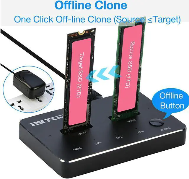 Alt view image 3 of 7 - RIITOP M.2 NVMe Duplicator, Dual-Bay Offline Clone NVME SSD Cloner Docking Station, USB3.2 Gen2 10Gbps USB-C M.2 Cloner for SSD Size 2230/2242/2260/2280/22110 mm