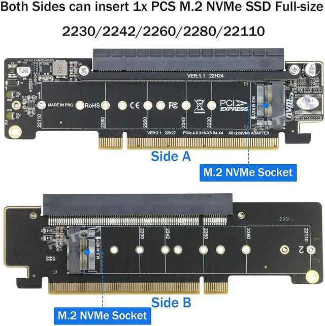 Alt view image 3 of 7 - Dual NVMe to PCIe Adapter, RIITOP PCIe 4.0 X16 to Dual NVMe and 1x More PCIe x16 (x8 Signal) Adapter for 22110/2280/2260/2242/2230 M.2 NVMe SSD (PCI-e Bifurcation Required)
