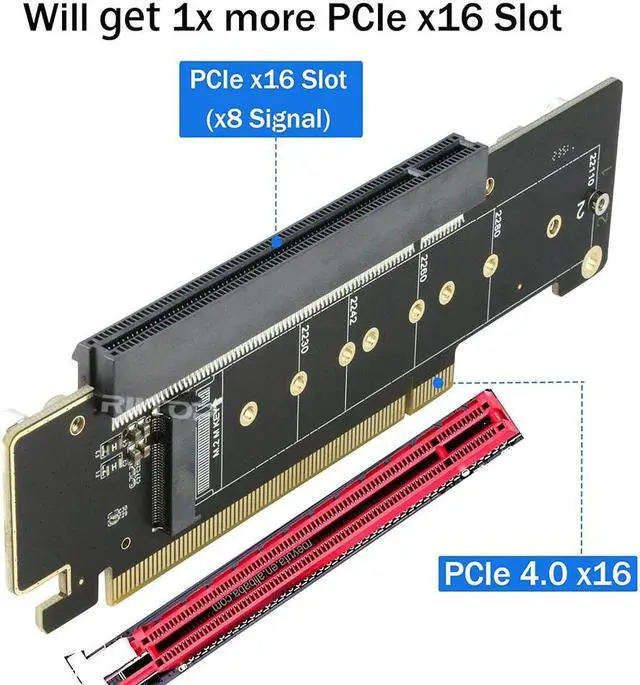 Alt view image 6 of 7 - Dual NVMe to PCIe Adapter, RIITOP PCIe 4.0 X16 to Dual NVMe and 1x More PCIe x16 (x8 Signal) Adapter for 22110/2280/2260/2242/2230 M.2 NVMe SSD (PCI-e Bifurcation Required)
